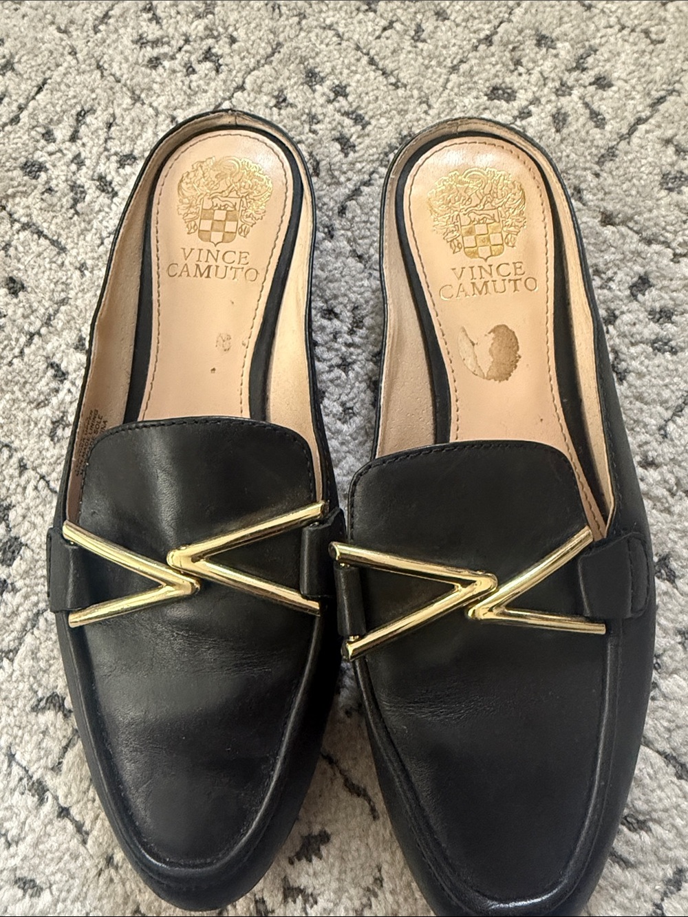 Vince Camuto Black Leather Slip-On Mules with Gold Accent Hardware